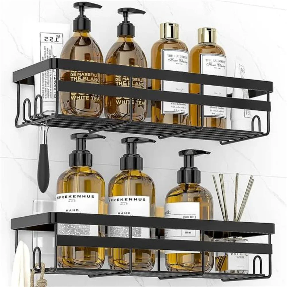 Adhesive Shower Caddy Shelf, 2 Pack - No Drilling Stainless, Black Shelves